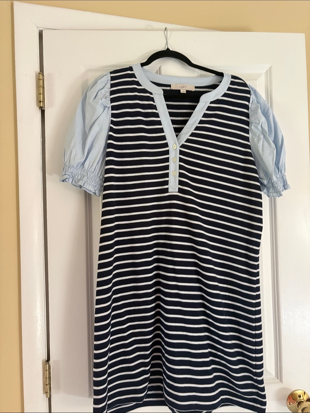 LOFT Navy and Light Blue Striped Puff Sleeve Henley Shift Dress